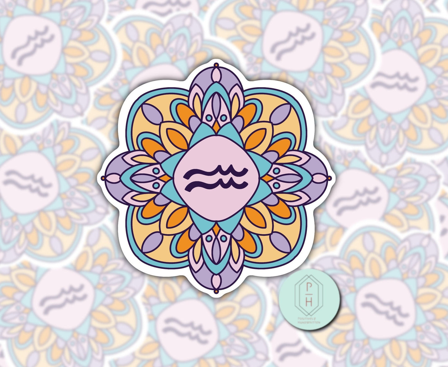Aquarius Zodiac Mandala Sticker: Water Bottle, Laptop Decal