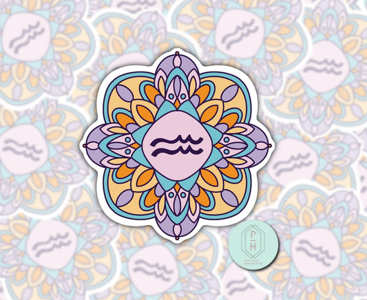 Aquarius Zodiac Mandala Sticker: Water Bottle, Laptop Decal
