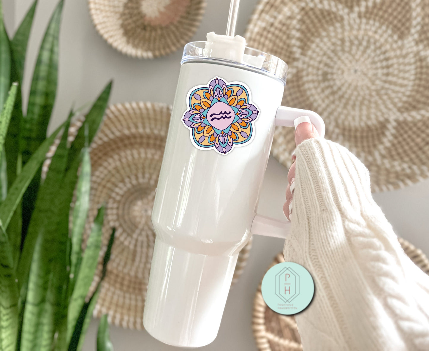 Aquarius Zodiac Mandala Sticker: Water Bottle, Laptop Decal